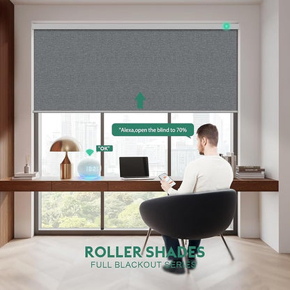 Motorized Blinds with Remote [100% Blackout & Silent Motor] Smart Blinds Compatible with Alexa Google HomeKit, Electric Roller Shades for Indoor Windows, Customized Size, Mist Deep Gray