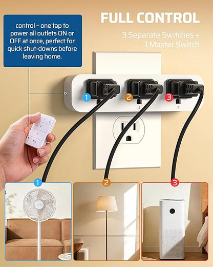 DEWENWILS Remote Control Outlet with 3 Independent Control Sockets, Compact Wireless Remote Outlet Switch Plug, 100FT Range, 15A/1875W, Battery Included, White