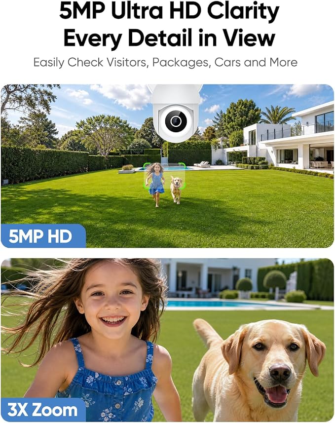 Floodlight Camera Hardwired 6500LM, 2K+ UHD Outdoor Security Camera, 360° Pan & Tilt View, AI Detection & Tracking, 24/7 Recording, Color Night Vision, 5GHz/2.4GHz WiFi, Compatible with Alexa