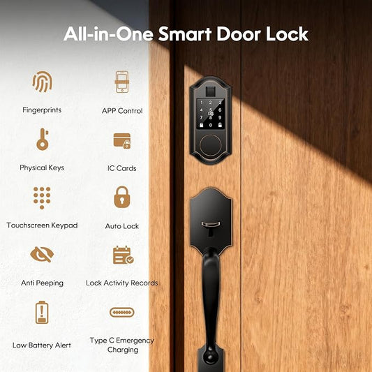 Smart Door Lock Set, Fingerprint Keyless Entry Door Lock with Interior Knob, Smart Locks for Front Door -APP Control, Front Door Lock Set with Keypad and Deadbolt, Auto-Lock, Oil Rubbed Bronze