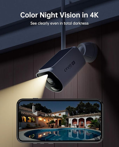 4K Solar Security Camera System Wireless Outdoor, 4-Cam Kit with Battery & Solar Power, CYVIO Long Range WiFi (Up to 700m), Color Night Vision, PIR Detection, No Subscription