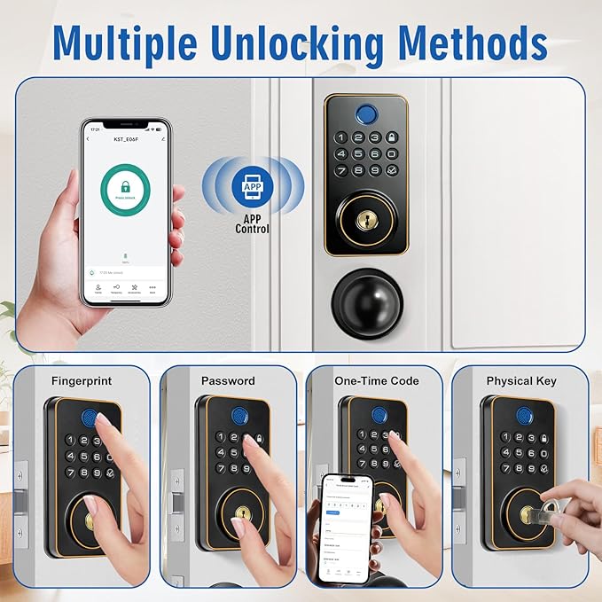 Fingerprint Door Lock with Handle Set,Electronic Keypad Deadbolt with 2 Knobs,APP,Auto Lock,100 User Codes,One Time Code,Voice Prompts,Anti-Peeking Password,Home, Apartment,Satin Nickel