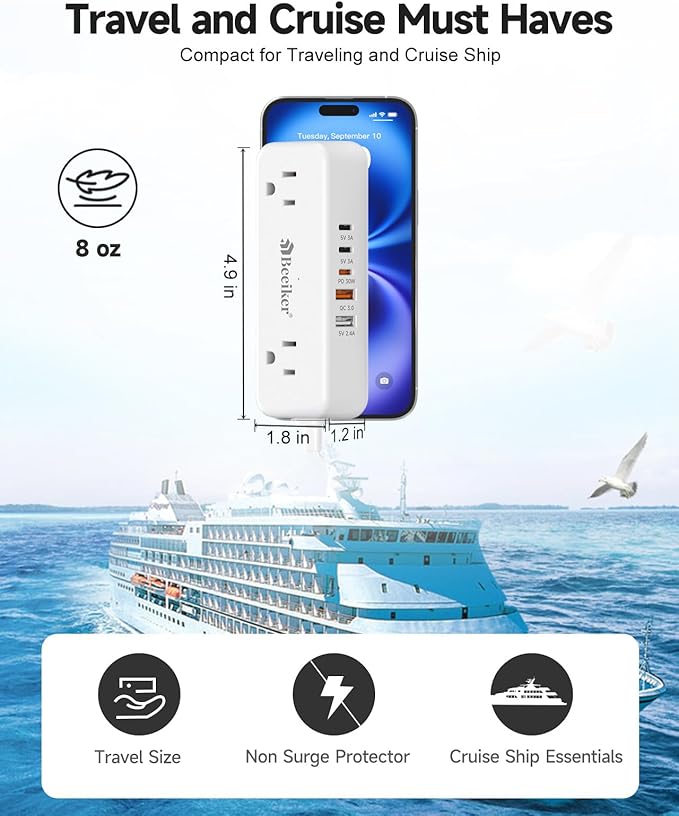 Beeiker 30W 3 USB C Travel Power Strip- 5Ft Extension Cord with 5 USB and 4 Outlets, Compact Flat Plug Small Extension Cord for Travel Cruise College Dorm Office White