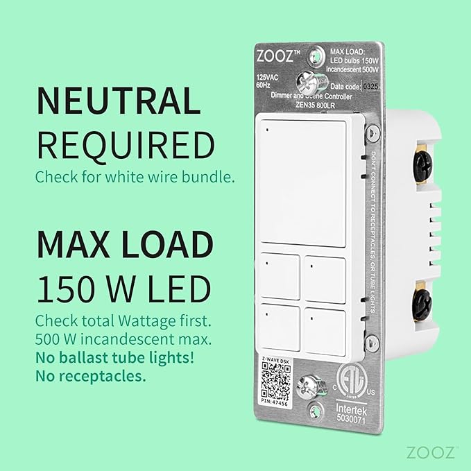 Zooz 800 Series Z-Wave Long Range Dimmer & Scene Controller ZEN35 800LR, White | Z-Wave Hub Required