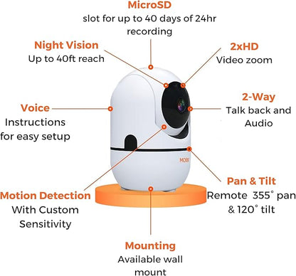 MobiCam HDX Wi-Fi Pan & Tilt Smart Nursery, Elderly & Home Monitoring Camera, 1080p HD Indoor Security Night Vision IP Camera, Motion Detection, Two-Way Audio, Cloud & SD Card Storage - (2-Pack)