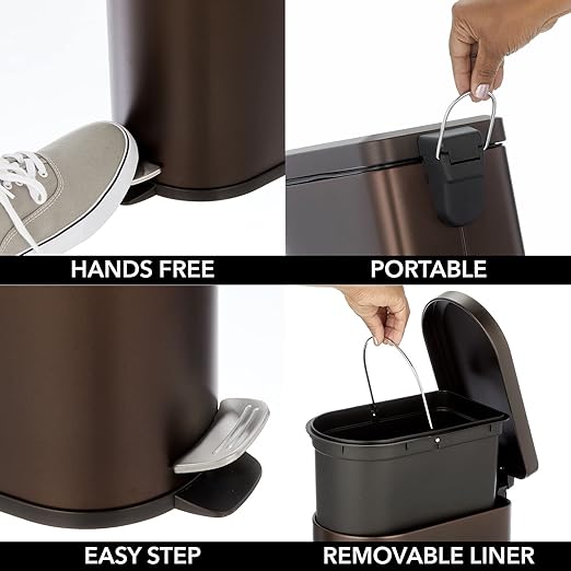 mDesign Small 2.6 Gallon/10 Liter Stainless Steel Metal Step Trash Can Garbage Bin for Bathroom, Bedroom, Home Office, D-Shape Trashcan with Foot Pedal/Lid, Removable Liner Bucket with Handles, Bronze