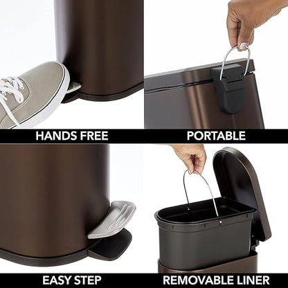 mDesign Small 2.6 Gallon/10 Liter Stainless Steel Metal Step Trash Can Garbage Bin for Bathroom, Bedroom, Home Office, D-Shape Trashcan with Foot Pedal/Lid, Removable Liner Bucket with Handles, Bronze