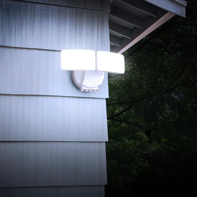 Feit Electric LED Motion Sensor Flood Light, 2000 Lumens Dual-Head Security Light, 5CCT (2700K–6500K), Dusk to Dawn Outdoor Light, Adjustable Brightness, Weatherproof Wall/Eave Mount, S9DFL/5CCT/MM/WH