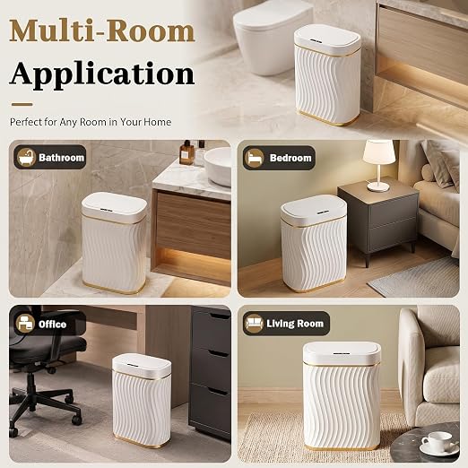 5 Gallon Automatic Bathroom Trash Can with Touchless Lid, White Gold