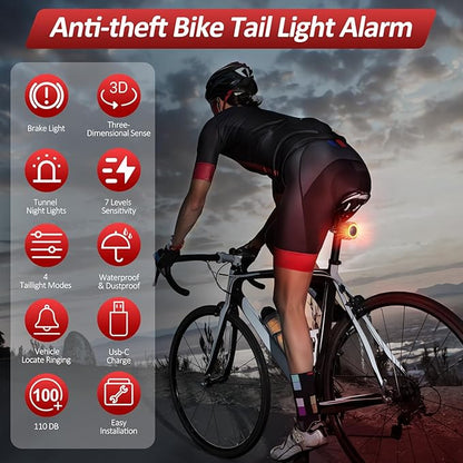 Bike Alarm with Remote, Bike Tail Light & Brake Light Auto ON/Off USB-C Rechargeable, 110dB Bicycle Alarm System Anti Theft Vibration Motion Sensor for Bike, Ebike, Scooter, IP65 Waterproof