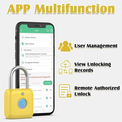 Pothunder Fingerprint Padlock, Smart Padlock, Locker Lock, Fingerprint Lock with APP Unlock, USB Rechargeable, Suitable for Gym Locker, Locker(Lemon Yellow)