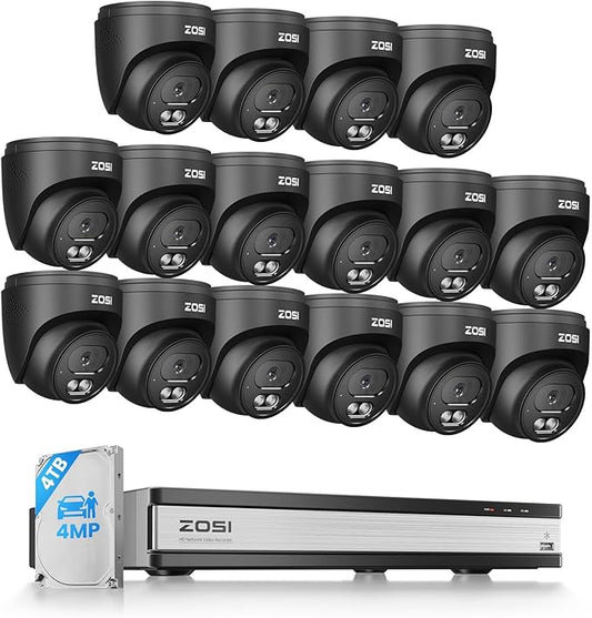 ZOSI C220 16CH 4K 8MP PoE Home Security Camera System, 16 Channel 4K NVR with 4TB HDD for 24/7 Record, 16 x 4MP(1440p) 2.5K QHD Dome IP Cameras Outdoor Indoor, Smart AI Human Detection, Two-Way Audio