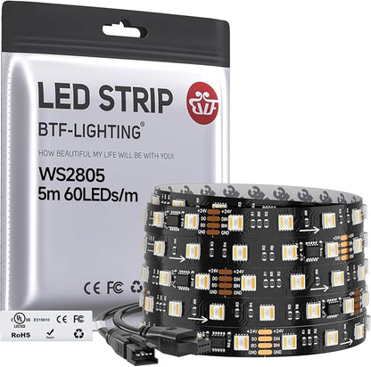 BTF-LIGHTING WS2805 IC RGBCCT UL Listed 16.4FT 60LED/m 10Pixel/m DC24V IP30 | Addressable Dual Data LED Strip 5050SMD 5 Colors in 1 Chasing Color RGB+CCT 3000K-6500K(No Adapter or Controller)