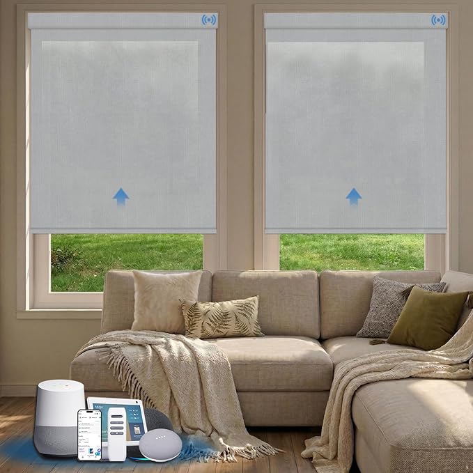 Motorized Blinds with Remote, Light Filtering Smart Blinds for Windows Automatic Roller Shades Compatible with Alexa, Motorized Shades Customized for Living Room Home Office (Plain White)