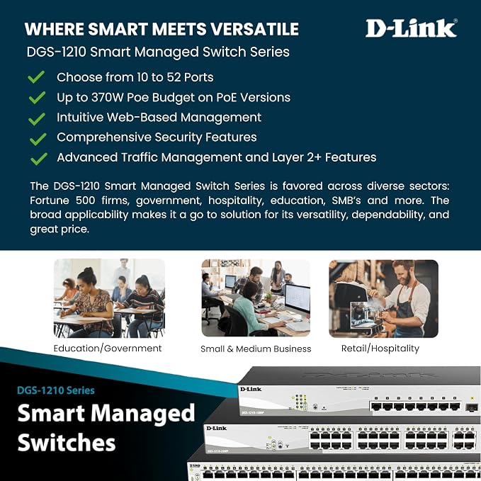 D-Link 10-Port Gigabit Smart Managed Switch | 8 GbE + 2 SFP Ports | L2+ | VLANs | Cable Diagnostics | Web Managed | Desktop or Rackmount | Fanless | NDAA Compliant | Lifetime Protection (DGS-1210-10)