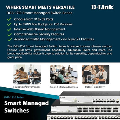 D-Link 10-Port Gigabit Smart Managed Switch | 8 GbE + 2 SFP Ports | L2+ | VLANs | Cable Diagnostics | Web Managed | Desktop or Rackmount | Fanless | NDAA Compliant | Lifetime Protection (DGS-1210-10)