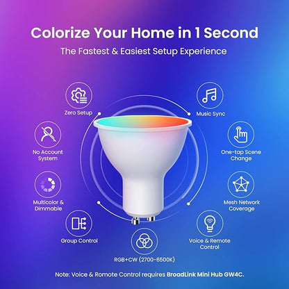 Broadlink GU10 Smart Bulbs, Bluetooth Color Changing 4.5W LED Track Light Bulbs with Music Sync, Fast Setup, Compatible with Alexa, Google Home, 40W Halogen Equivalent (2-Pack)