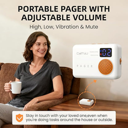 CallToU Caregiver Pager - Wireless Call Button for Elderly at Home, Portable Nurse Alert System with Vibration & Sound Alerts for Seniors and Disabled (3 Call Buttons + 2 Receivers)
