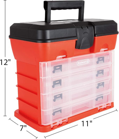 Small Parts Organizer Box - 11-Inch Portable Storage Case with 4 Removable Multi-Compartment Trays for Screws, Beads, Small Fishing Tackle, Hardware, and Craft Supplies by Stalwart (Red)