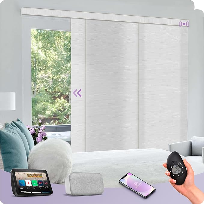 Graywind Rechargeable Smart Sliding Panels Compatible with Alexa Google Motorized Panel Track Blinds Remote Control for Patio Sliding Door Closet Door Width Up to 177" Custom Size (Jacquard White)
