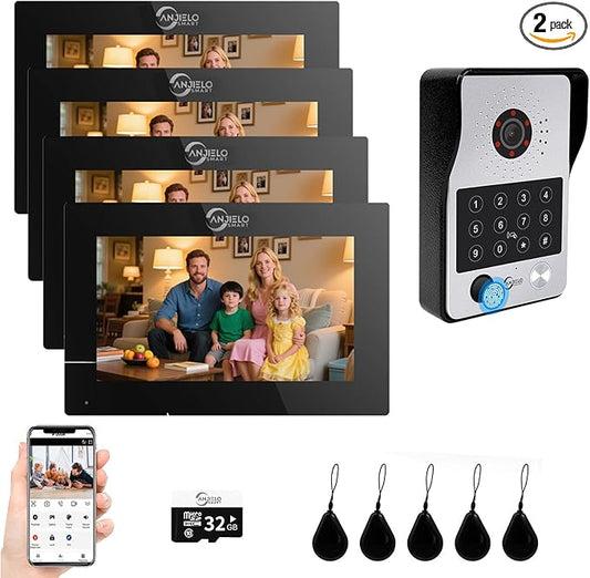 7-Inch Smart Video Intercom System,1080P HD Wired Doorbell with Touchscreen Monitor,Fingerprint, RFID & PIN Unlock,Tuya Smart App Control,Ideal for Homes, Villas & Apartments (1 doorbell + 4 Monitor)