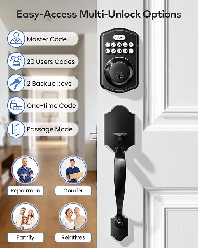 TEEHO TK001H Keyless Entry Door Lock with Handle Set, Electronic Deadbolt Keypad Door Lock with Code, Smart Locks for Front Door, Exterior Door Handle, Auto-Lock, Easy to Install, Matte Black
