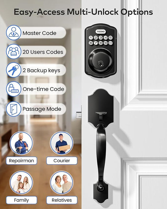 TEEHO TK001H Keyless Entry Door Lock with Handle Set, Electronic Deadbolt Keypad Door Lock with Code, Smart Locks for Front Door, Exterior Door Handle, Auto-Lock, Easy to Install, Matte Black
