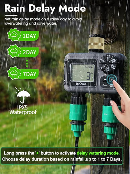 Insoma 2-Zone Water Timer for Garden Hose, Brass Inlet Sprinkler Timer | 2 Independent Zones, Auto/Manual/Rain Delay Modes, IP55 Waterproof Hose Timer, Easy Programmable Schedules for Lawn/Yard
