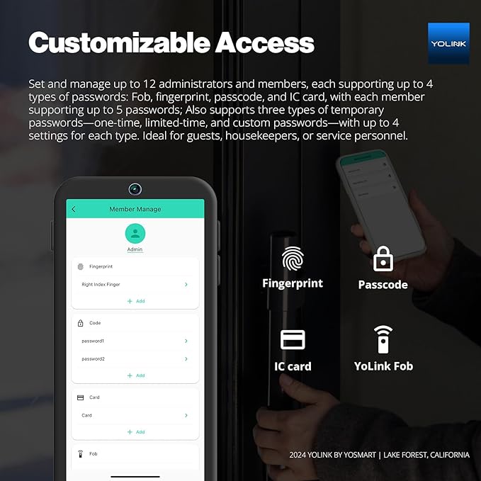 YoLink Smart Deadbolt Lock with Fingerprint, Keypad, IC Card, Fob and App Control LoRa Long Range, Alexa, Google, IFTTT and Home Assistant YoLink Hub Required
