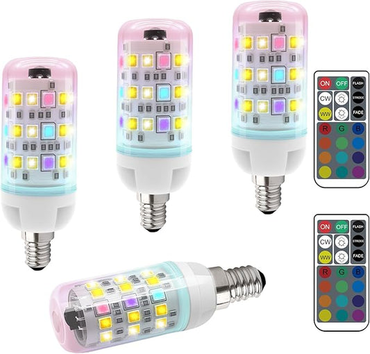 XRise E12 Color Changing Bulb with Remote Control, Dimmable 12 Colors+3000K+6000K, 2W LED E12 Candelabra Bulb 20W Incandescent Replacement, Memory Function, No Flicker, for Mooding Lighting, 4PACK