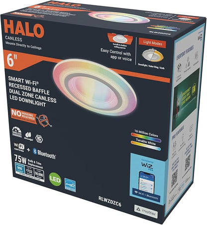 HALO 6” Dual Zone Smart Wi-Fi® Canless LED Light Powered by WiZ Pro 4 Pack, Dimmable Full Color w/SpaceSense, Smart Home Ready RLWZDZC6-4PK