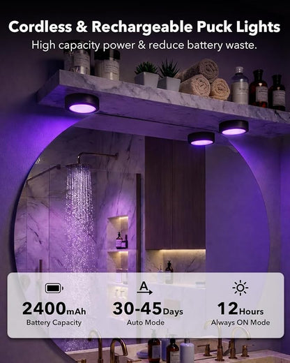 Radar Motion Sensor Puck Lights with Remote, 2400mAh RGB Rechargeable Wireless Under Cabinet Lighting for Kitchen, Magnet Stick on LED Closet Lights, Cordless Push Light for Counter, Stairs
