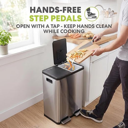SIMPLI-MAGIC 60 Liter / 16 Gallon Rectangular Hands-Free Dual Compartment Recycling Kitchen Step Trash Can with Soft-Close Lid, Brushed Stainless Steel
