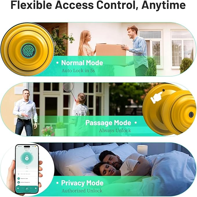 UMIKSMART Fingerprint Door Knob Lock, Smart Keyless Entry Door Knob with Tuya App Control & Auto-Lock, Backup Key, Easy Install for Home, Apartment, Office, Yellow