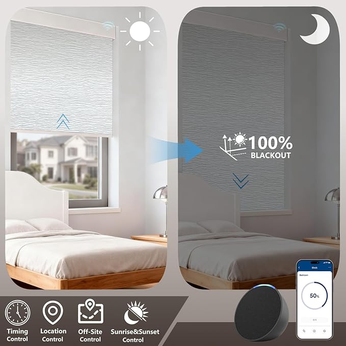 Motorized Blackout Roller Shades with Remote – Smart Blinds for Bedroom, Alexa Google Home Siri, Matter Compatible, Custom Electric Window Shades, Cordless Rechargeable
