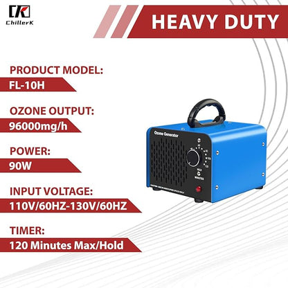 Ozone Generator 96,000mg, Commercial Ozone Machine Odor Removal, High Capacity O3 Ionizer Air Purifier Deodorizer, Portable Mini for Car, Home, Smoke, Pets, Industrial -Blue