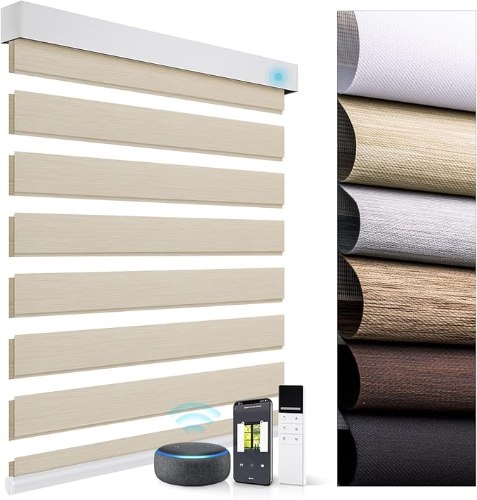 ZSTARR ZSTARR Motorized Blackout Window Blinds with Remote,Smart Zebra Mini Blinds Shades for Windows Control Wireless Roller Shades Blinds for Windows, Office,Home, Hotel, Club,83002O Beige