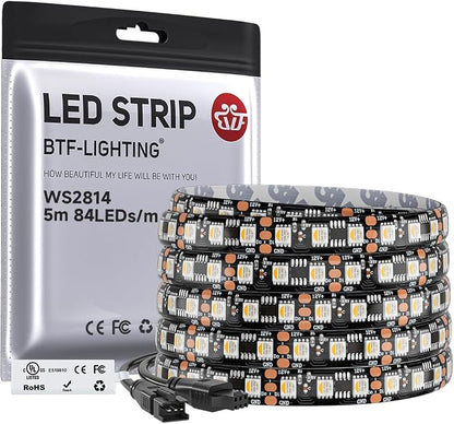 BTF-LIGHTING WS2814 IC RGBW RGB+Warm White UL Listed, DC12V 16.4FT 84LED/m | 28pixel/m,(Similar WS2812B),Addressable4 Colors in 1 Dream Color LED Strip 12mm Width PCB IP65(No Adapter or Controller)