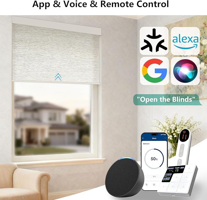 Motorized Light Filtering Roller Shades – Smart Electric Blinds for Living Room, Alexa Google Home Siri, Matter Compatible, Custom Window Shades, Cordless Rechargeable