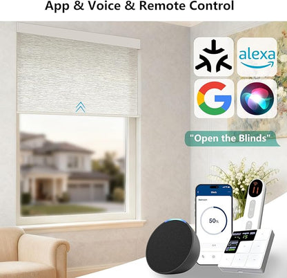 Motorized Light Filtering Roller Shades – Smart Electric Blinds for Living Room, Alexa Google Home Siri, Matter Compatible, Custom Window Shades, Cordless Rechargeable