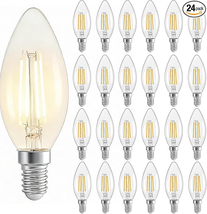 Vintage LED Edison Light Bulbs,4 Watt Candelabra Light Bulbs, 40W Equivalent，Warm White 2700K,Non-Dimmable,E12 Led Bulb Warm White,Let The Atmosphere be Even More Romantic and Cozy(24Pack)