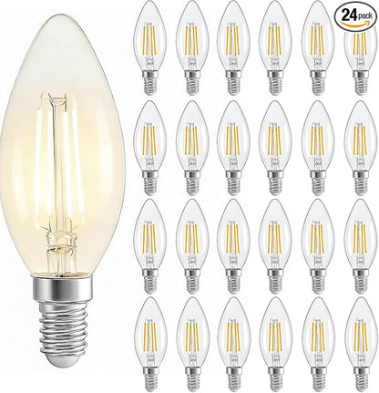 Dimmable 4 watt led Light Bulbs, 2700K Warm White, 600Lumens, 40Watt Equivalent，Edison Vintage Chandelier Light Bulbs, LED Filament Clear Glass Candle Lamp for Ceiling Fan Home Decor 24Pack
