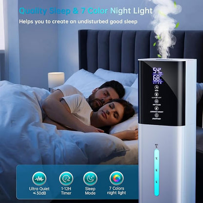 Humidifier Large Room Bedroom, 8L/2.1Gal Top Fill Cool Mist Humidifiers with Humidistat, 3-Speeds, 48H Runtime, Quiet Sleep Mode, Night Light, 12H Timer, 360° Nozzle & Aroma Diffuser for Baby, Plants