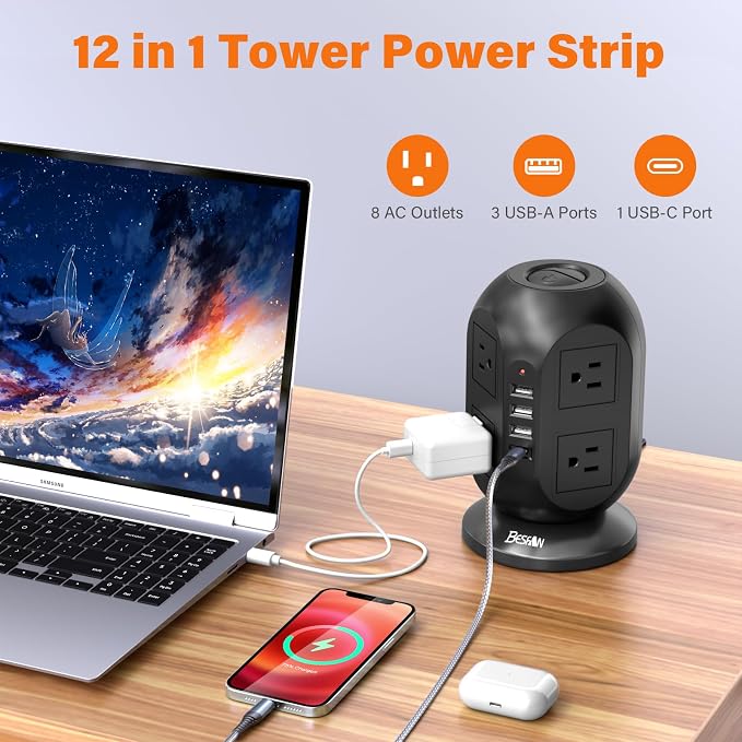 Surge Protector Power Strip Tower with 8 AC Outlets 4 USB Ports (1 USB C), 10 ft Flat Extension Cord with Multiple Outlets Charging Station for Dorm Home Office Essentials, Black