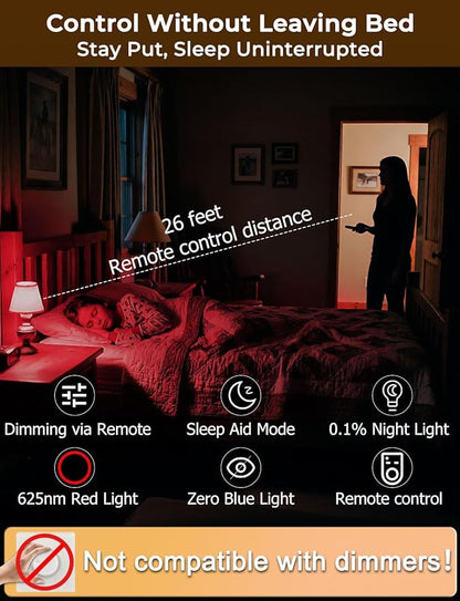 LED Red Light Bulbs for Sleep with Remote Control, E26 Circadian Light Bulb A15, 5W(40W Equivalent) for Sleep Therapy, Baby Nursery, Bedroom (4 Packs)