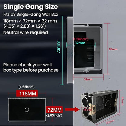 Smart Switch Aluminum Frame,2.5D Glass Panel,4.65 X 2.83 X 1.26 Inches,Need Neutral Wire,2.4GHz WiFi,Work with Tuya/Smart Life,App/Voice Control,Black 1 Button