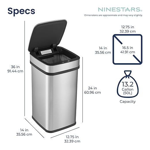 Ninestars 13 Gallon Odor Neutralizing Smart Kitchen Trash Can, Automatic Odor Control Motion Sensor Garbage Bin, Universal Power Adapter, 50 Liter Smart Opening Stainless Steel, Nova Series