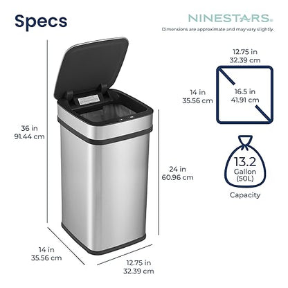 Ninestars 13 Gallon Odor Neutralizing Smart Kitchen Trash Can, Automatic Odor Control Motion Sensor Garbage Bin, Universal Power Adapter, 50 Liter Smart Opening Stainless Steel, Nova Series