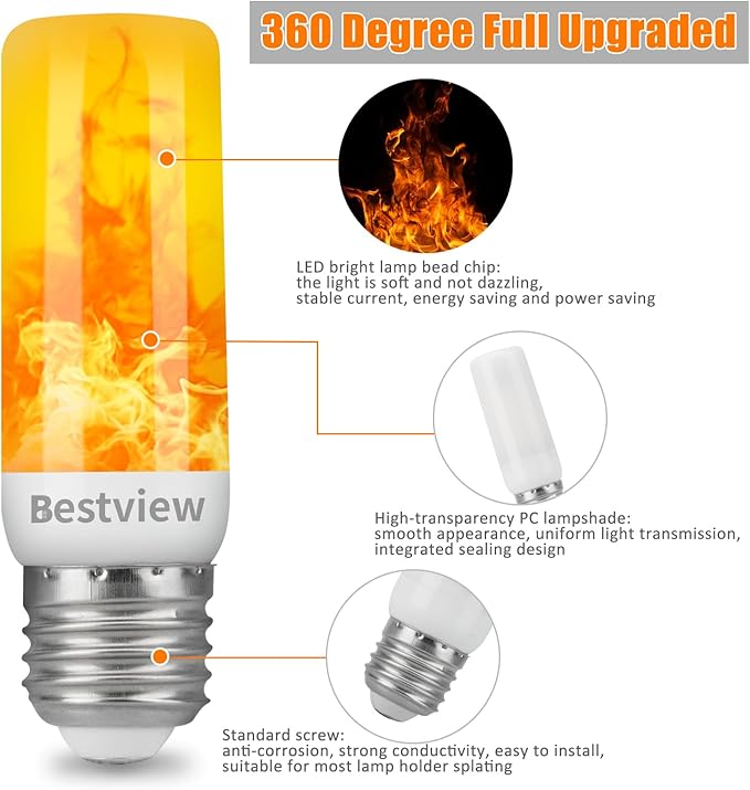 Bestview LED Flame Effect Light Bulbs,4 Modes Smart E26/E27 Base Flickering Fire Light Bulb with for Halloween, Christmas, Party, Porch, Indoor&Outdoor Home Decoration Lighting -Yellow 4 Pack