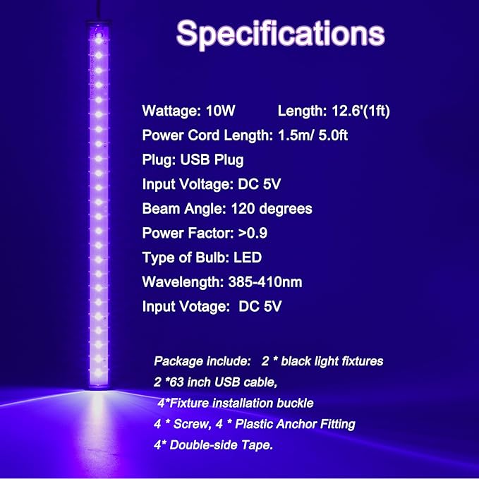 Black Light Bar, 1ft USB UV Black Light Fixture for Fluorescent Tapestry, Body Paint, Halloween, Christmas - 2-Pack with On/Off Switch